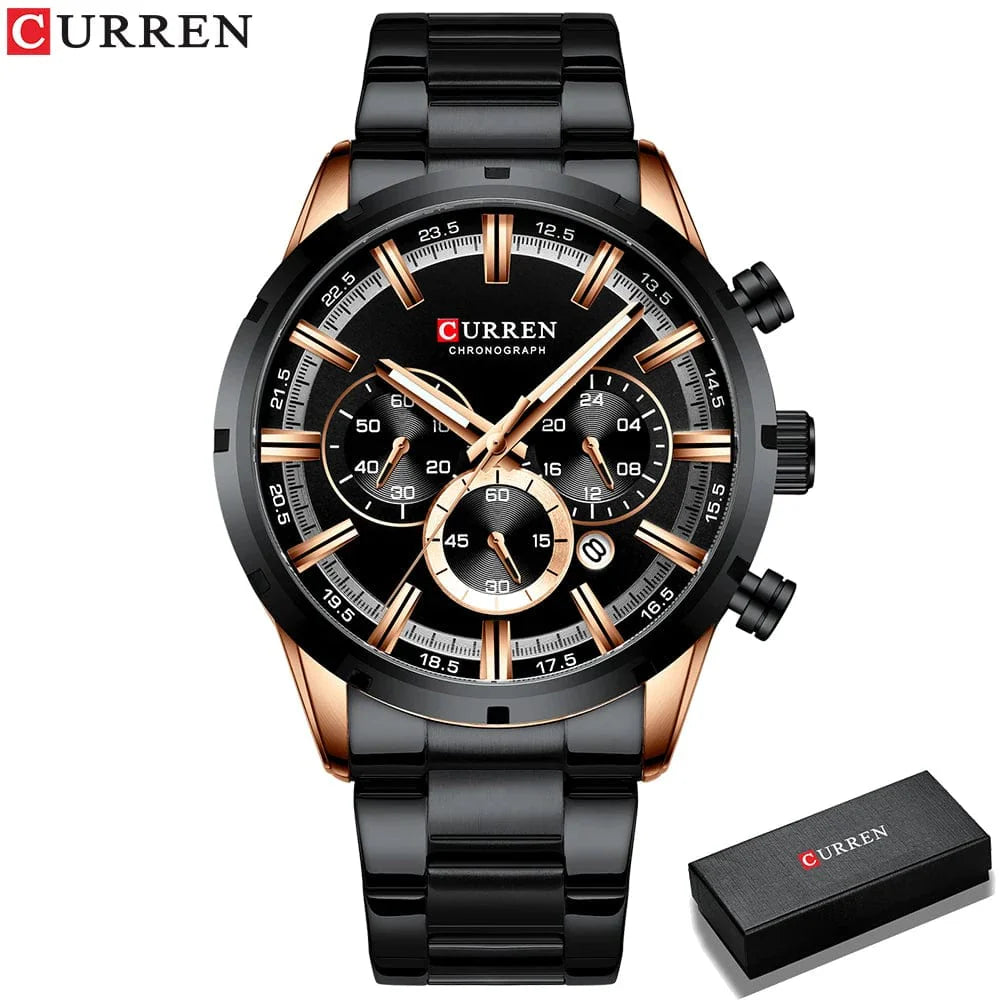 Curren men's chronograph watch with blue dial, stainless steel band, date display, waterproof design, suitable for business and casual wear.