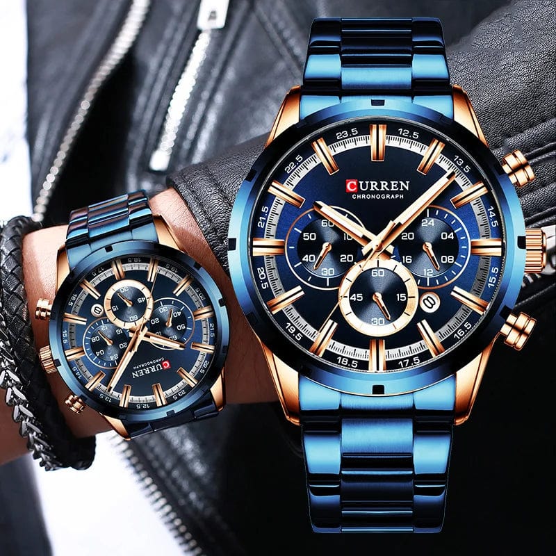SHOWLU FASHION STORE Curren men's chronograph watch with blue dial, stainless steel band, date display, waterproof, for business wear