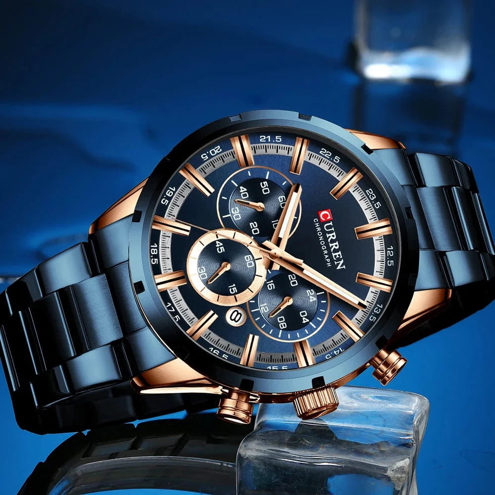 Curren men's chronograph watch with blue dial, stainless steel band, date display, waterproof design, suitable for business and casual wear