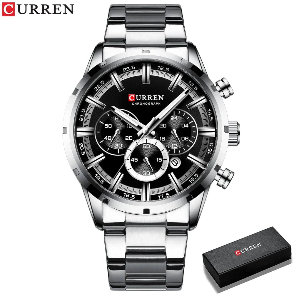 Curren men's chronograph watch with blue dial, stainless steel band, date display, ideal for business and waterproof.