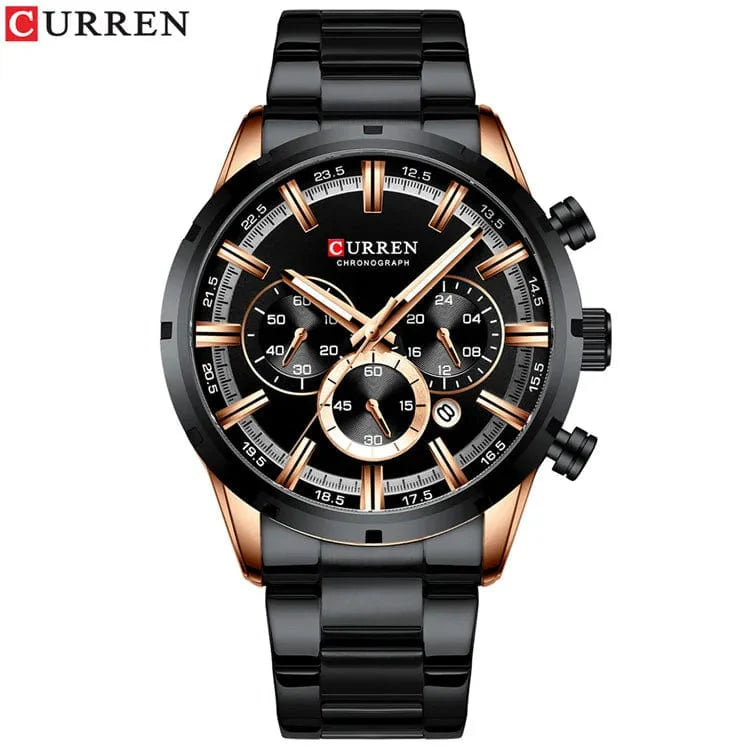 Curren men's chronograph watch with a blue dial, stainless steel band, and date display, ideal for business and formal wear.
