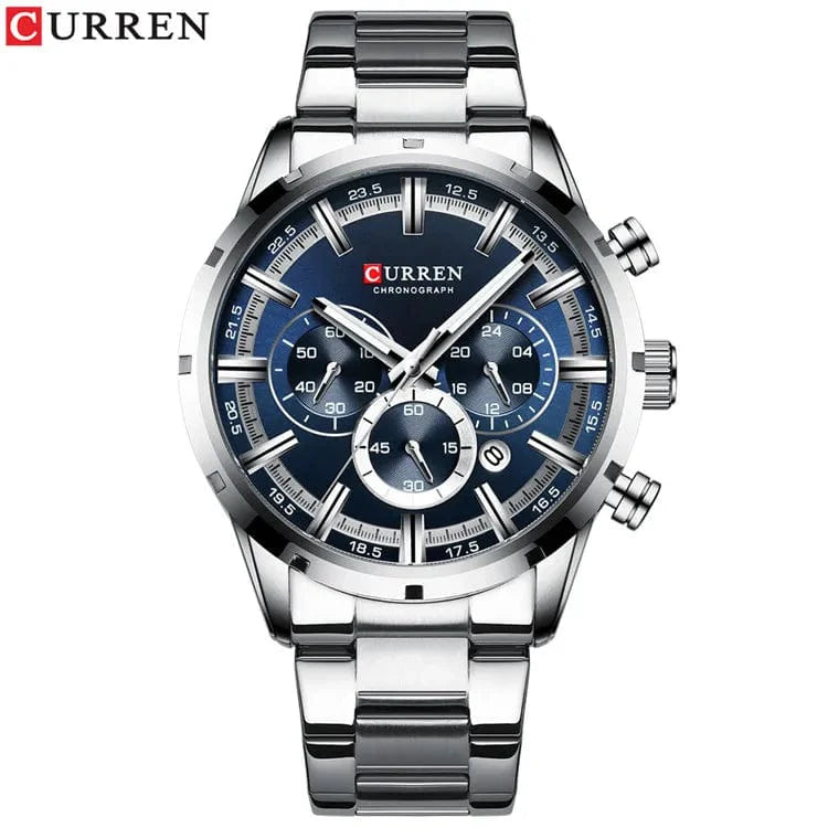 Curren men's chronograph watch with blue dial, stainless steel band, date display, waterproof design, suitable for business and casual wear.