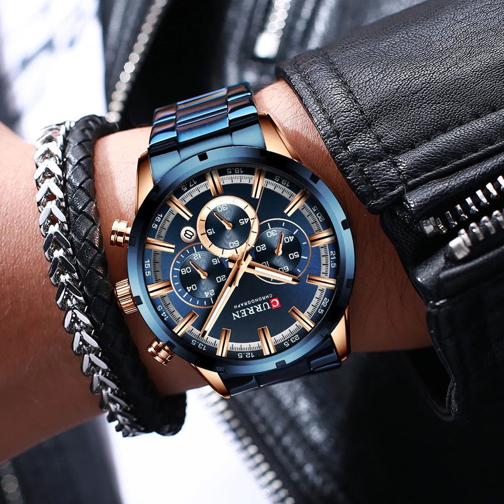 Curren men's chronograph watch with blue dial, stainless steel band, date display, waterproof, suitable for business and casual wear.