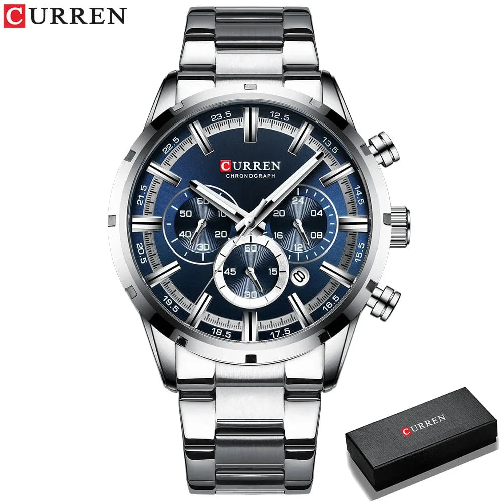 Curren men's chronograph watch with blue dial, stainless steel band, date display, waterproof design, ideal for business and casual wear.