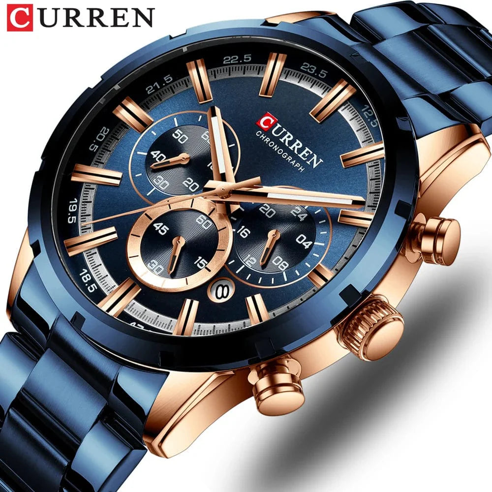 Curren men's chronograph watch with blue dial, stainless steel band, date display, waterproof design, suitable for business and casual wear