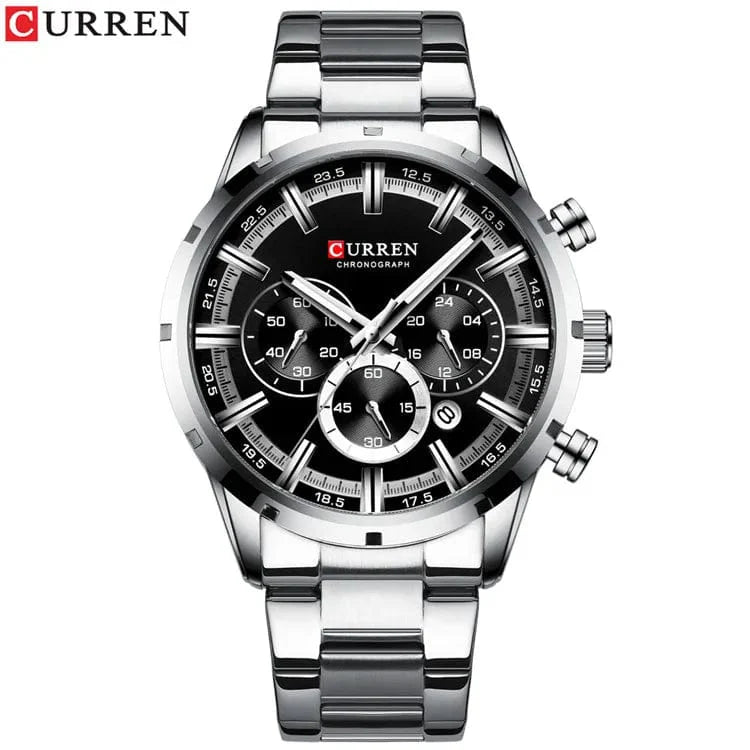 Curren men's chronograph watch with blue dial, stainless steel band, date display, waterproof, suitable for business and casual wear.