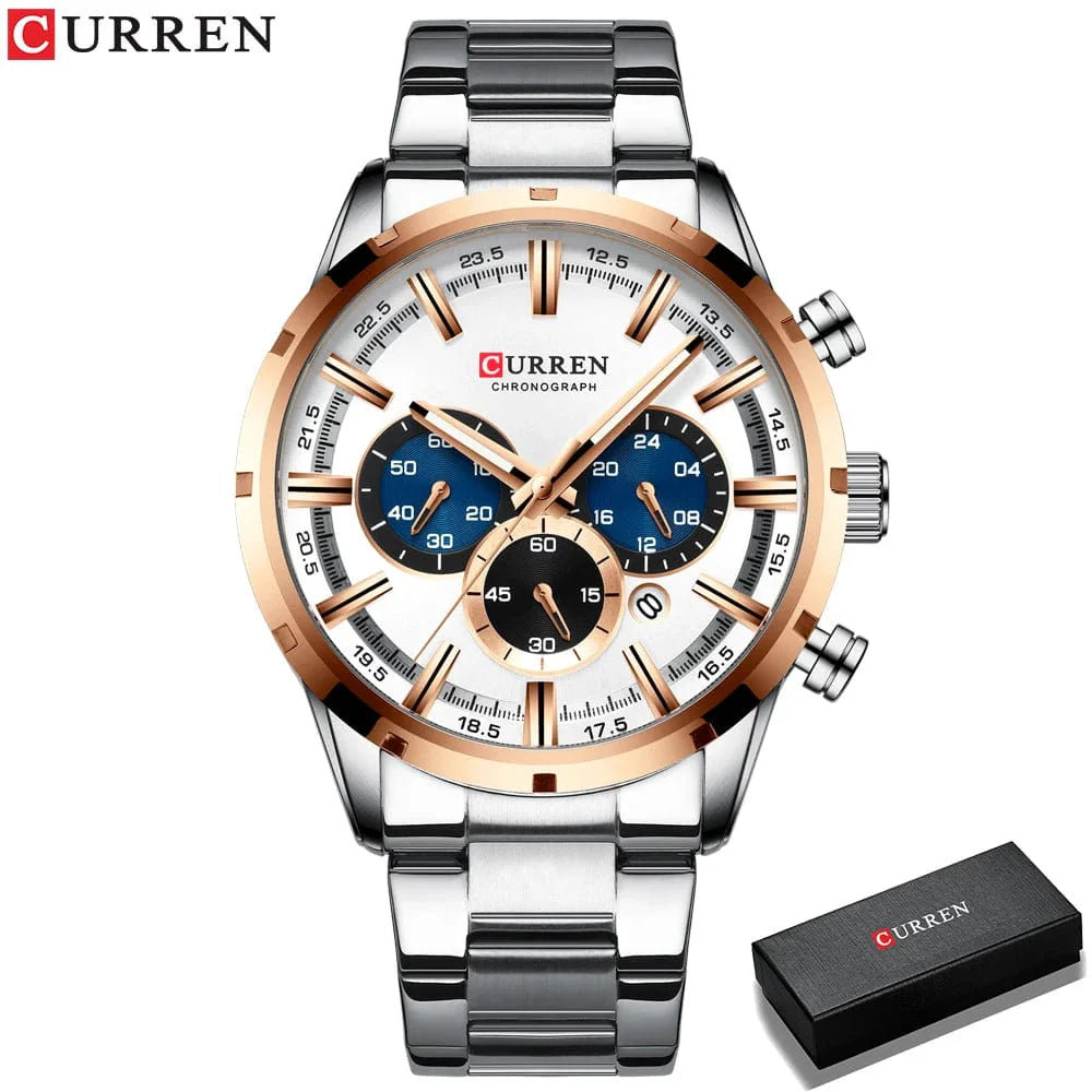 Curren men's chronograph watch with blue dial, stainless steel band, and date display, waterproof design for business and casual wear.