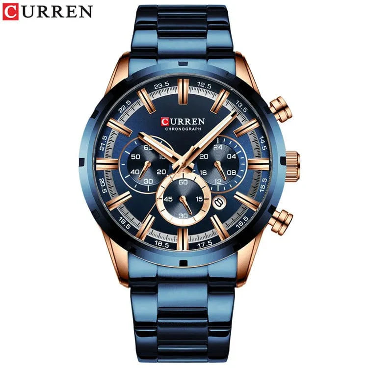 Curren men's stainless steel chronograph watch with a blue dial, date display, waterproof design, suitable for business and casual wear.