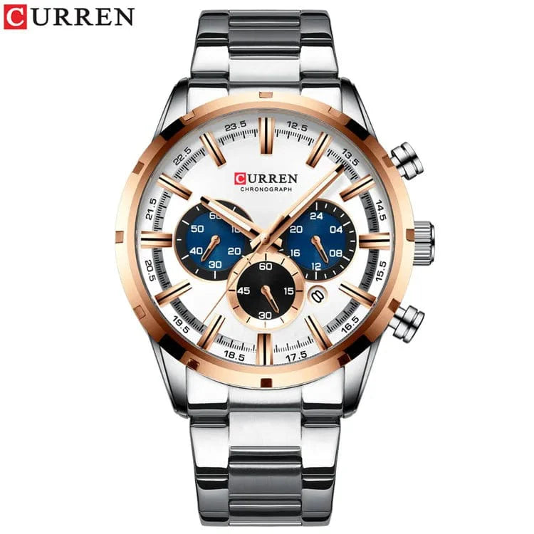 Curren men's chronograph watch with blue dial, stainless steel band, date display, waterproof design, suitable for business and casual wear.