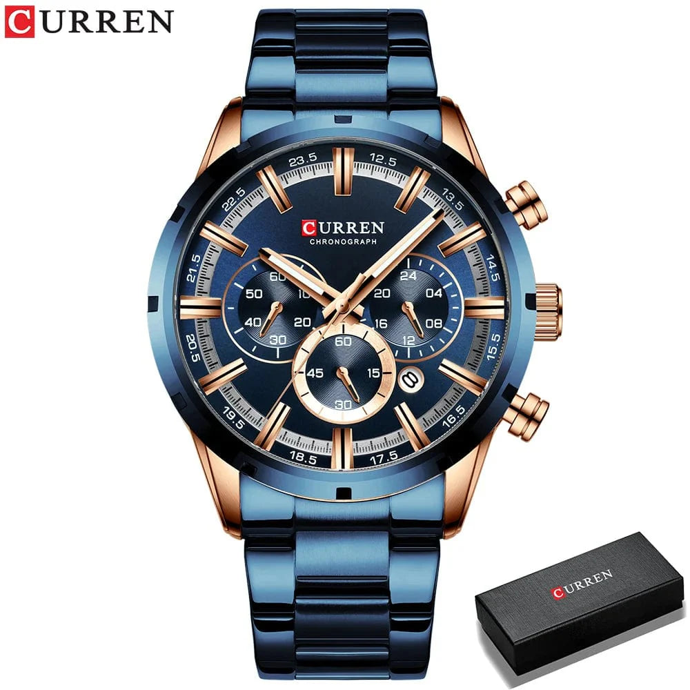 Curren men's chronograph watch with blue dial, stainless steel band, and date display, suitable for business and water-resistant.