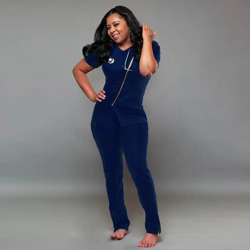 Showlu Unisex Medical Scrub Set featuring stretch fabric, ideal for maternity nursing uniforms, in a professional medical setting.