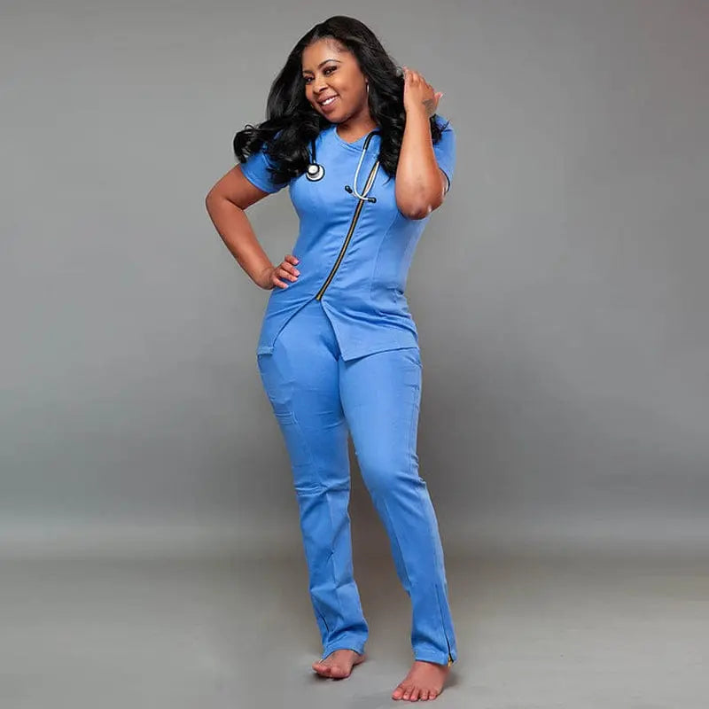 Unisex Showlu Medical Scrub Set with stretch fabric, maternity and nursing-friendly design, in a professional healthcare uniform style.