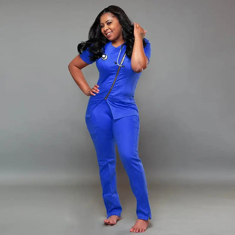 Showlu Unisex Medical Scrub Set with stretch fabric, maternity nursing uniform in blue, featuring multiple pockets and a comfortable fit.