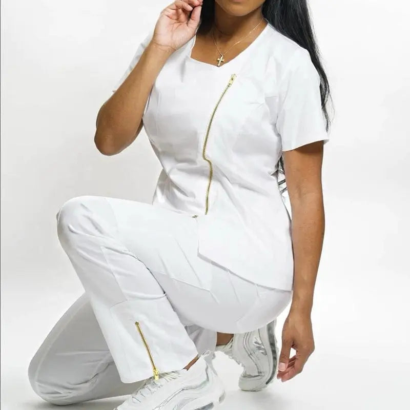Showlu unisex medical scrub set with stretch maternity nursing uniforms, featuring comfortable, functional scrubs for healthcare professionals.