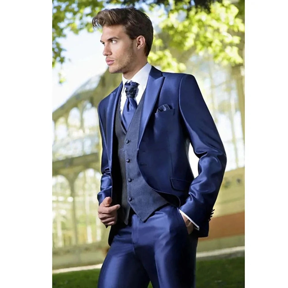 Bright blue SHOWLU FASHION men's 3-piece slim fit tuxedo suit, ideal for weddings and parties, with tailored custom-made design.