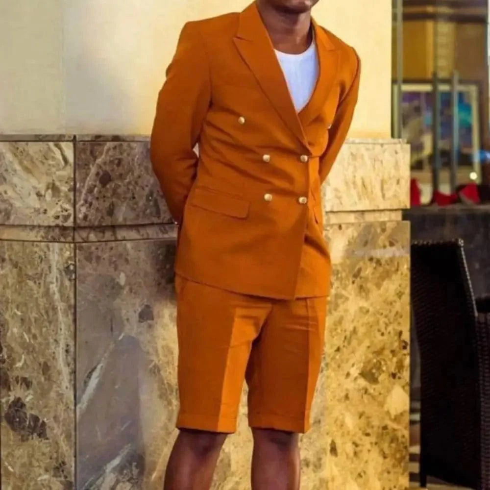Brown peak lapel men's suit by SHOWLU FASHION STORE, 2-piece wedding tuxedo with slim fit jacket and shorts for groomsmen or groom.