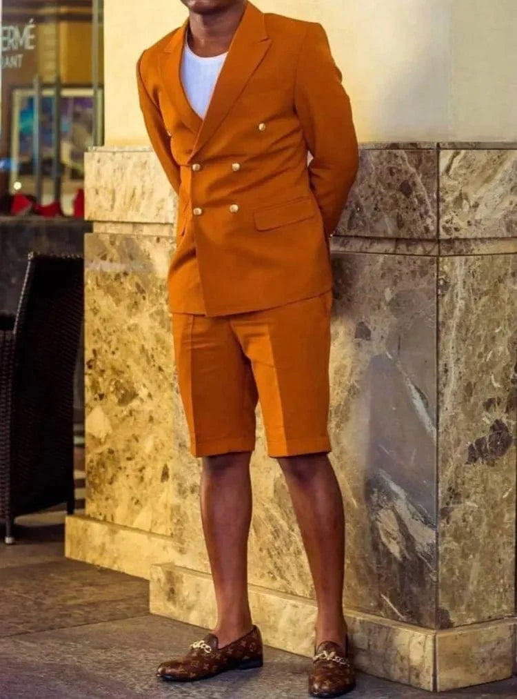 Brown peak lapel men's suit by SHOWLU FASHION STORE, 2-piece wedding tuxedo with fitted jacket and shorts for groomsmen or groom.