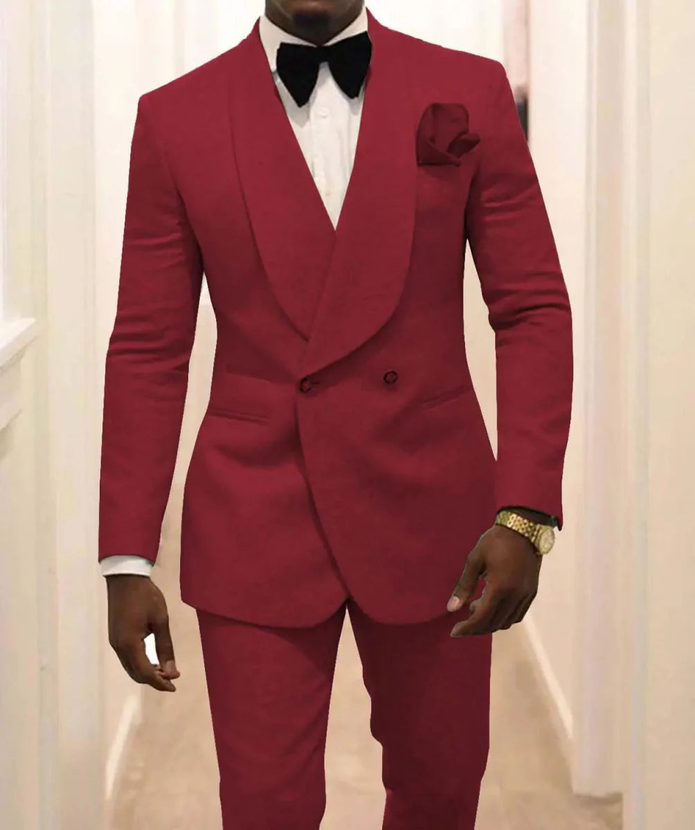 White patterned wedding tuxedo for men with shawl lapel, featuring a 2-piece jacket and pants, styled for grooms and groomsmen.