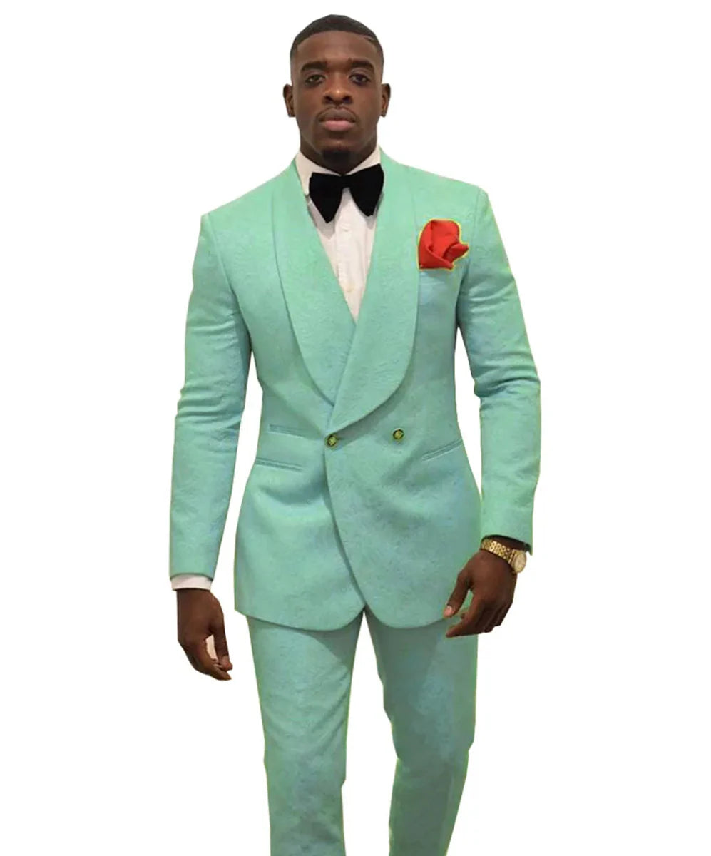 White patterned men's wedding tuxedo with shawl lapel, 2-piece suit featuring jacket and pants, suitable for grooms and best men.