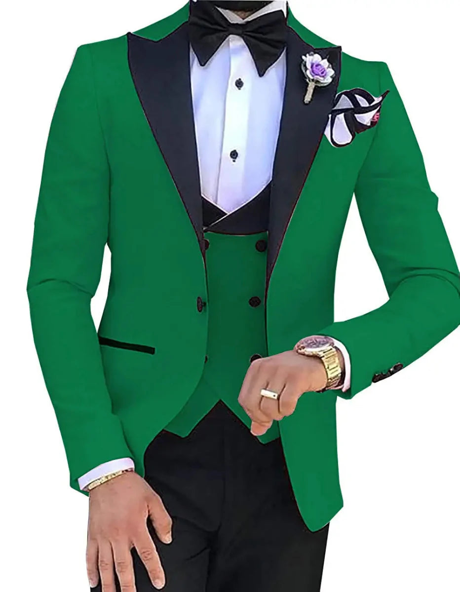Slim fit men's wedding tuxedo by SHOWLU FASHION, includes jacket, vest, and pants in a cotton blend fabric.