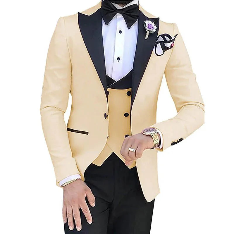 Slim fit men's wedding tuxedo by SHOWLU FASHION, featuring cotton blend jacket, pants, and vest for elegant formal occasions.
