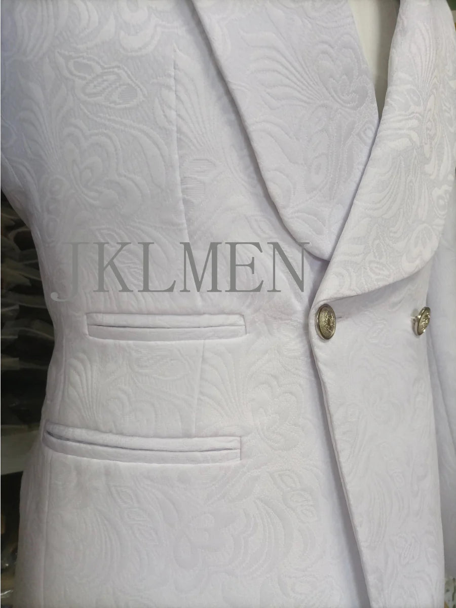White patterned groom tuxedo by SHOWLU FASHION STORE, skinny fit wedding suit with shawl lapel, two-piece jacket and pants.
