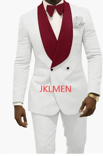 White patterned groom tuxedo by SHOWLU FASHION STORE, featuring a skinny fit wedding suit with shawl lapel and matching pants.