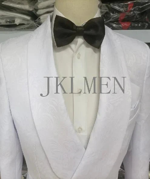 White patterned groom tuxedo by SHOWLU FASHION STORE, skinny fit wedding suit with shawl lapel, includes jacket and pants.
