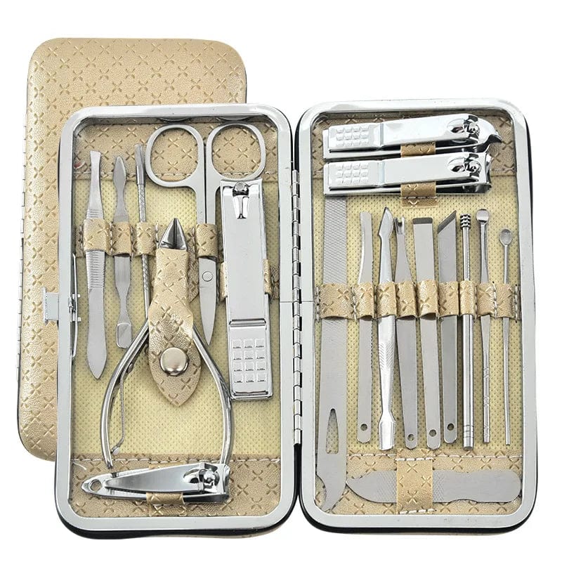 LY Stainless Steel Manicure Set with nail scissors, clippers, and pedicure tools in a professional nail care kit.