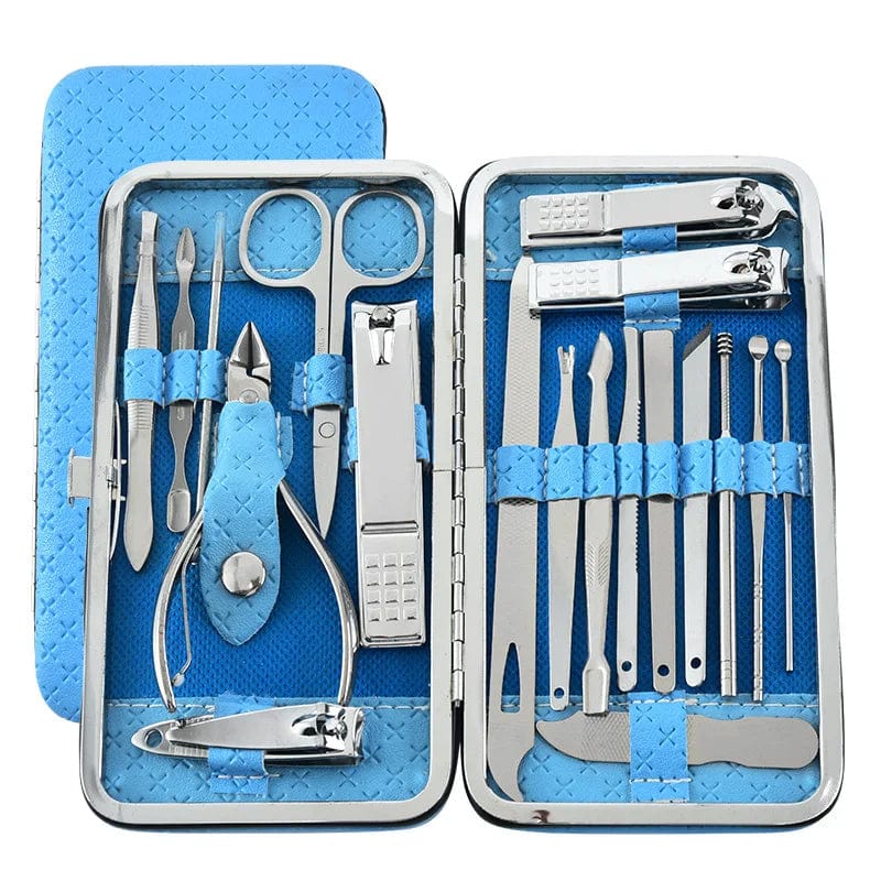 LY Stainless Steel Manicure Set with nail clippers, scissors, and pedicure tools for professional nail care and grooming.
