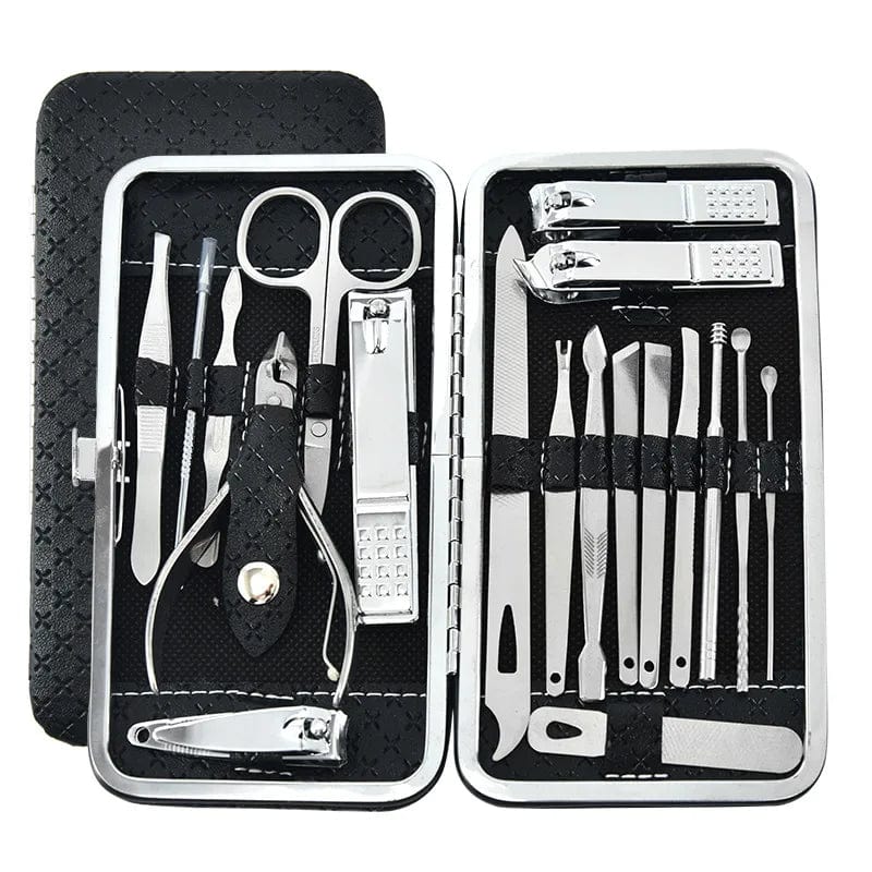 LY stainless steel manicure set with nail scissors, clippers, and pedicure tools for professional nail care and grooming.