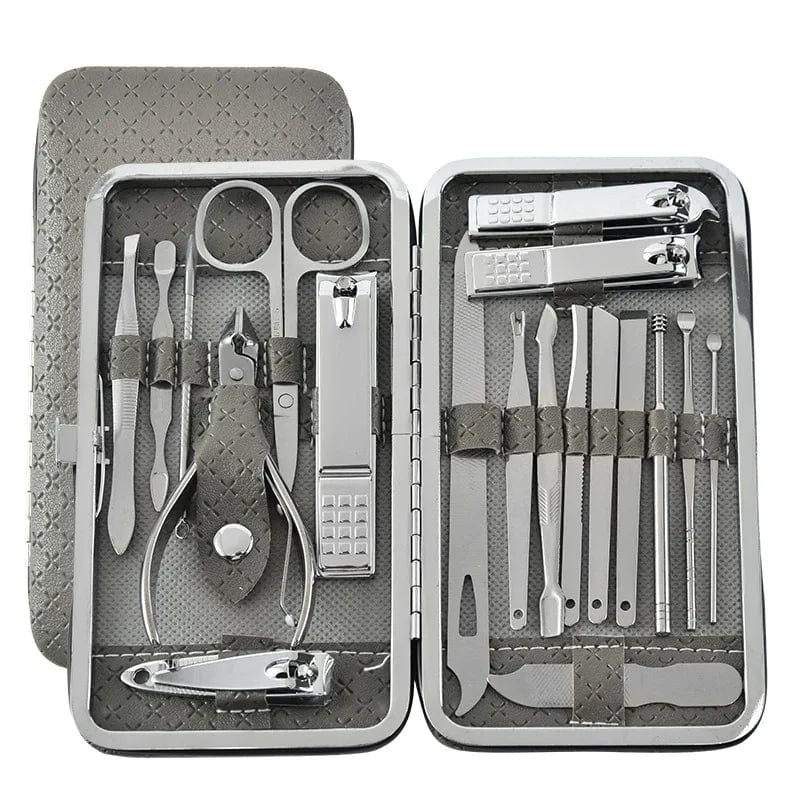 LY Stainless Steel Manicure Set with nail clippers, scissors, and pedicure tools for professional nail care and grooming.