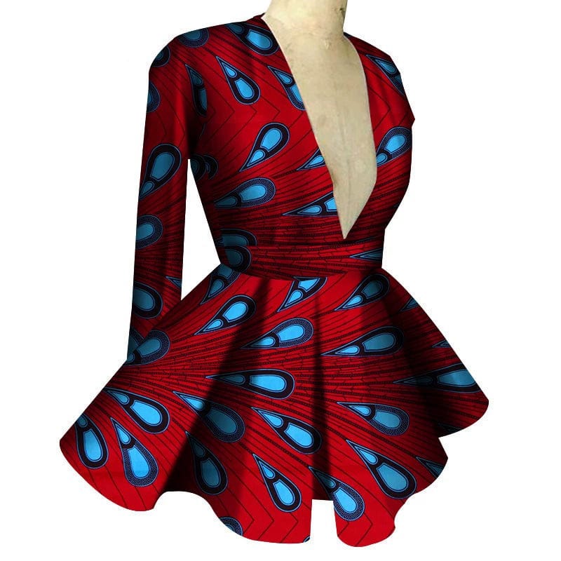 African print women's high waist V-neck long sleeve top by Showlu Fashion, featuring colorful custom African pattern and stylish design.