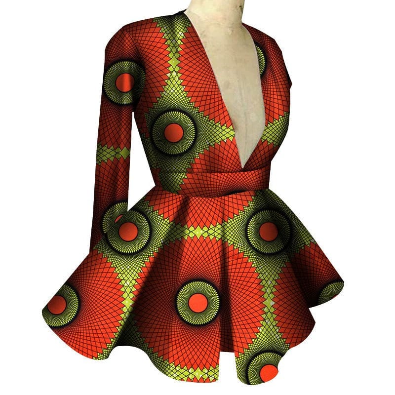 African print women's high waist V-neck long sleeve top by Showlu Fashion, featuring vibrant patterns and a fitted silhouette.