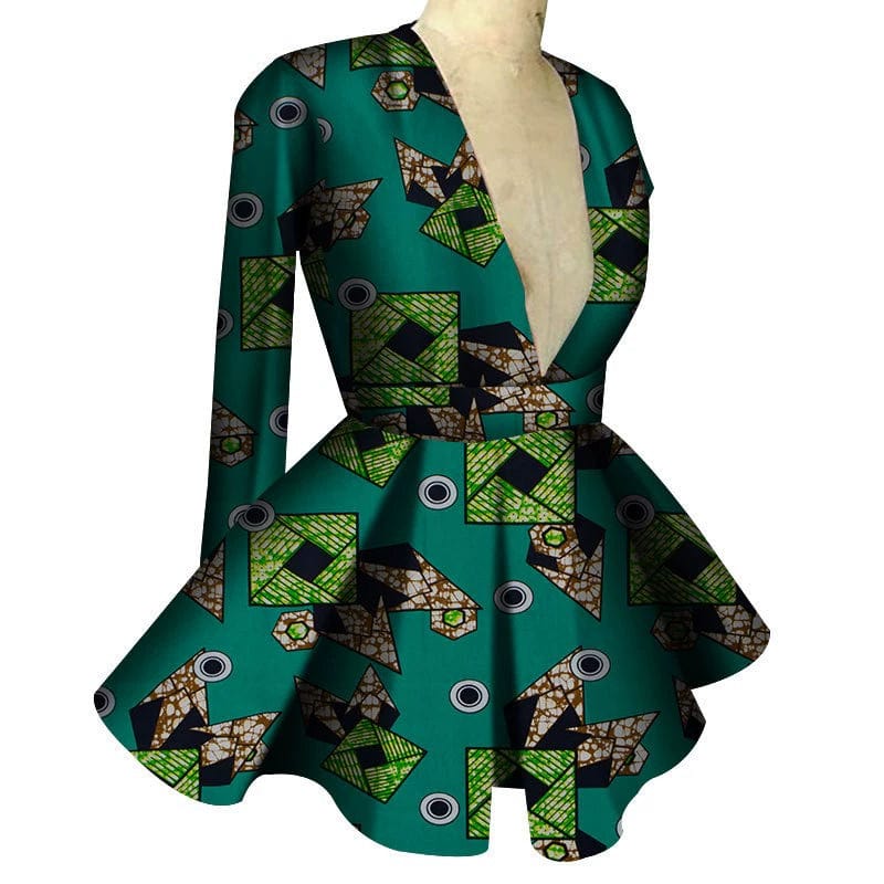 African print women's high waist V-neck long sleeve top by Showlu Fashion, featuring vibrant traditional patterns and a fitted silhouette.