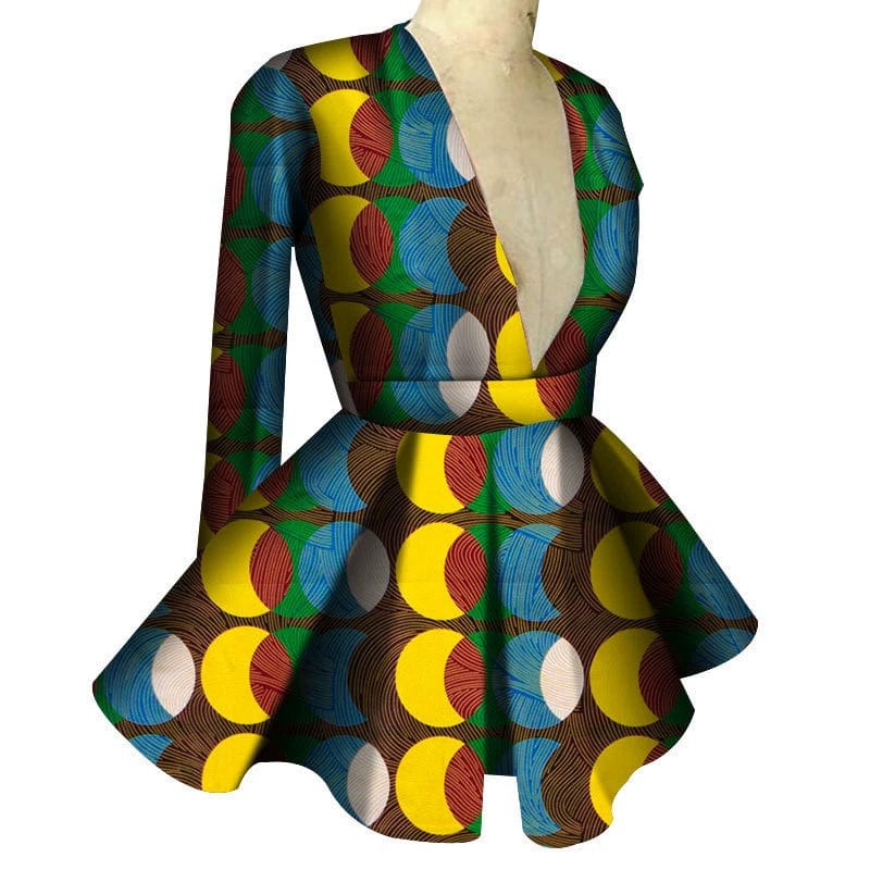 African print women's high waist V-neck long sleeve top by Showlu Fashion, featuring vibrant custom African textile design.