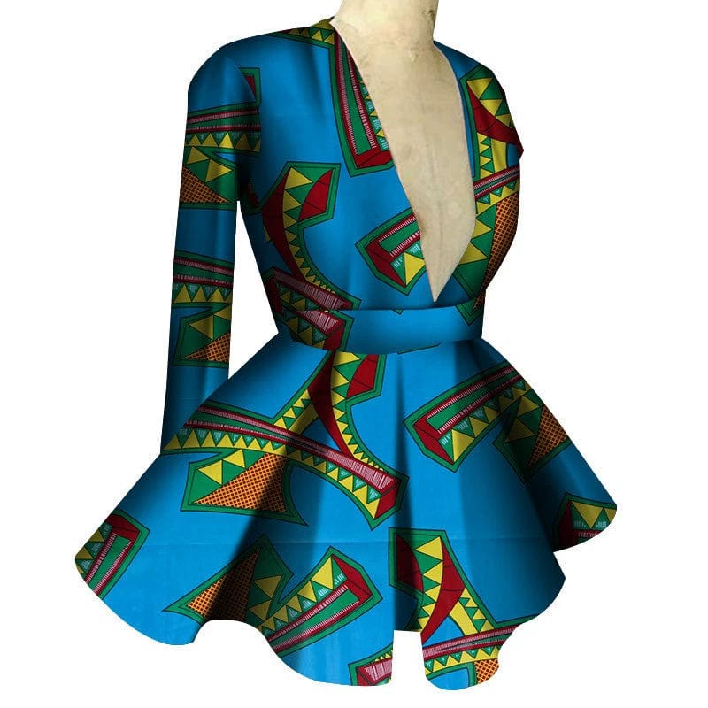 African print women's high waist V-neck long sleeve top from Showlu Fashion, featuring colorful custom African patterns.