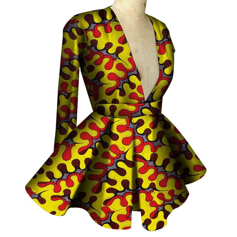 African print women's high waist V-neck long sleeve top by Showlu Fashion, stylish and vibrant custom printed women’s clothing.