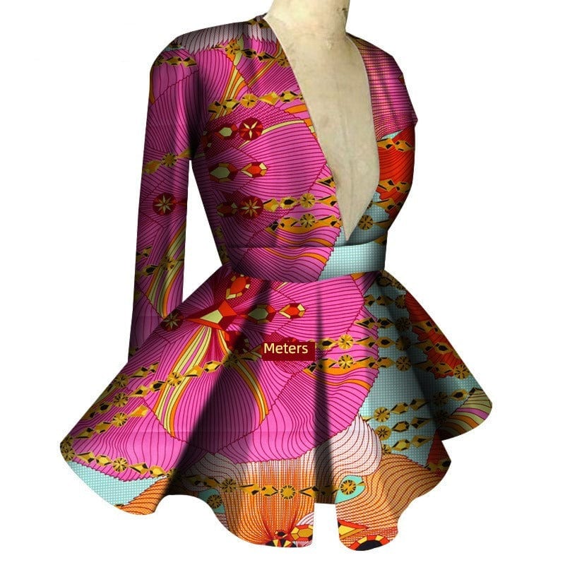African print women's high waist V-neck long sleeve top by Showlu Fashion, featuring bold colorful patterns and a fitted silhouette.