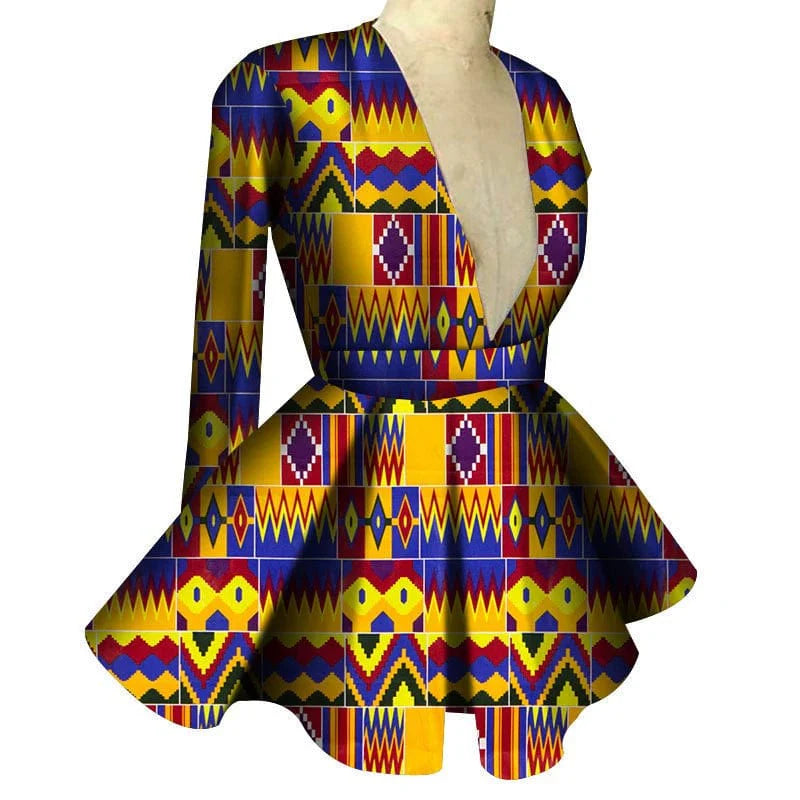 African print women's high waist V-neck long sleeve top by Showlu Fashion, featuring vibrant custom African-inspired patterns.