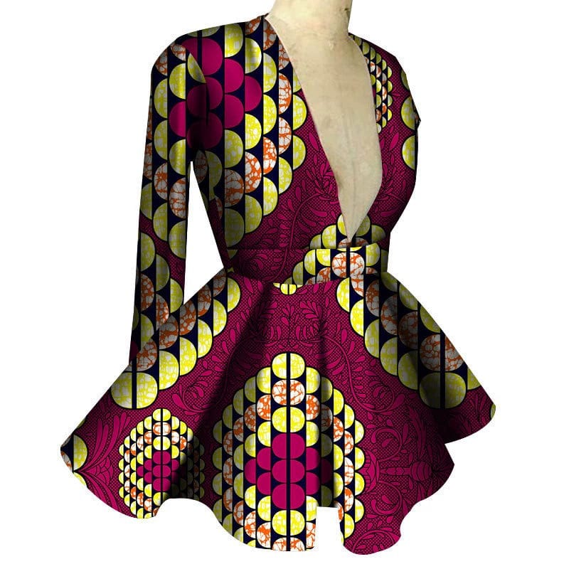 African print women's high waist V-neck long sleeve top by Showlu Fashion, featuring vibrant patterns and stylish design.