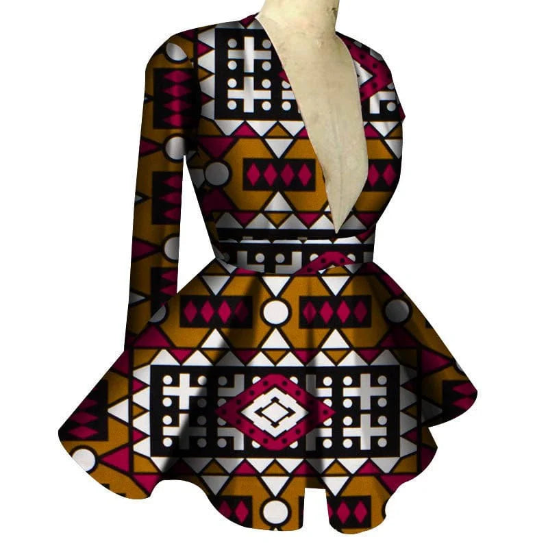 African print women's high waist V-neck long sleeve top by Showlu Fashion, featuring vibrant patterns and fitted style.