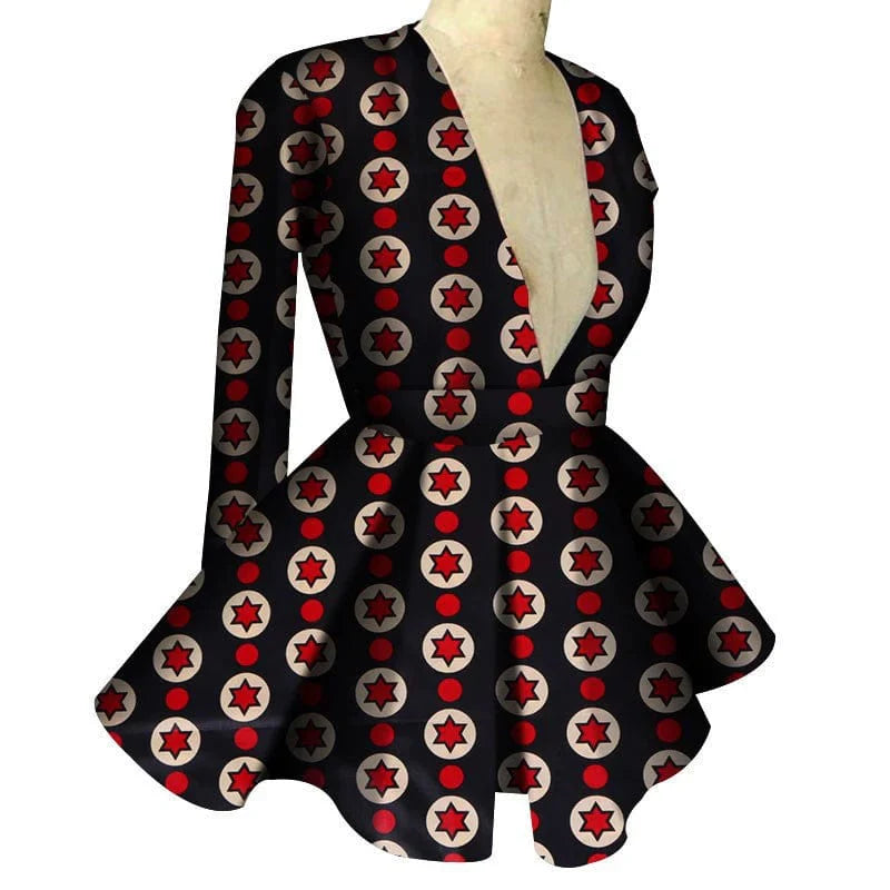 Showlu Fashion African print women's high waist V-neck long sleeve top with vibrant patterns and fitted style.