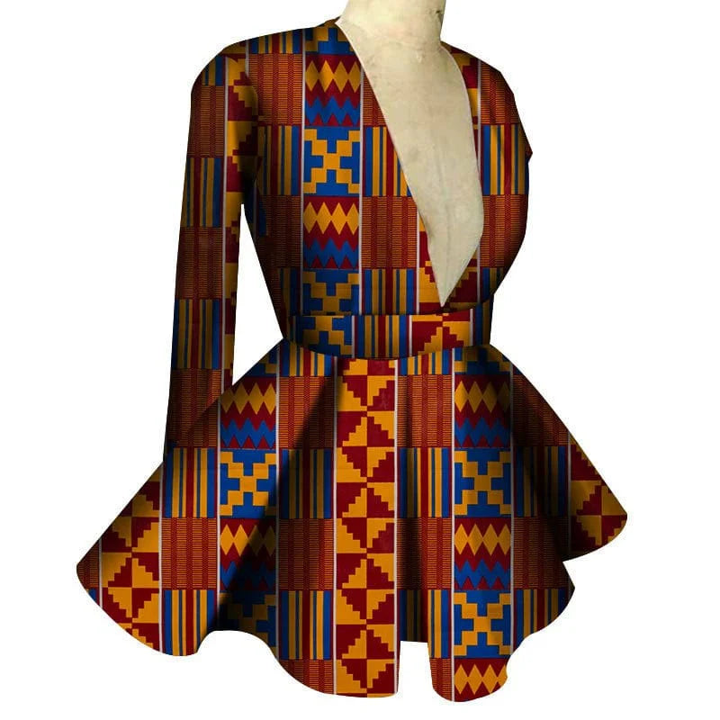 African print women's high waist V-neck long sleeve top by Showlu Fashion, featuring vibrant patterns and a flattering fit.