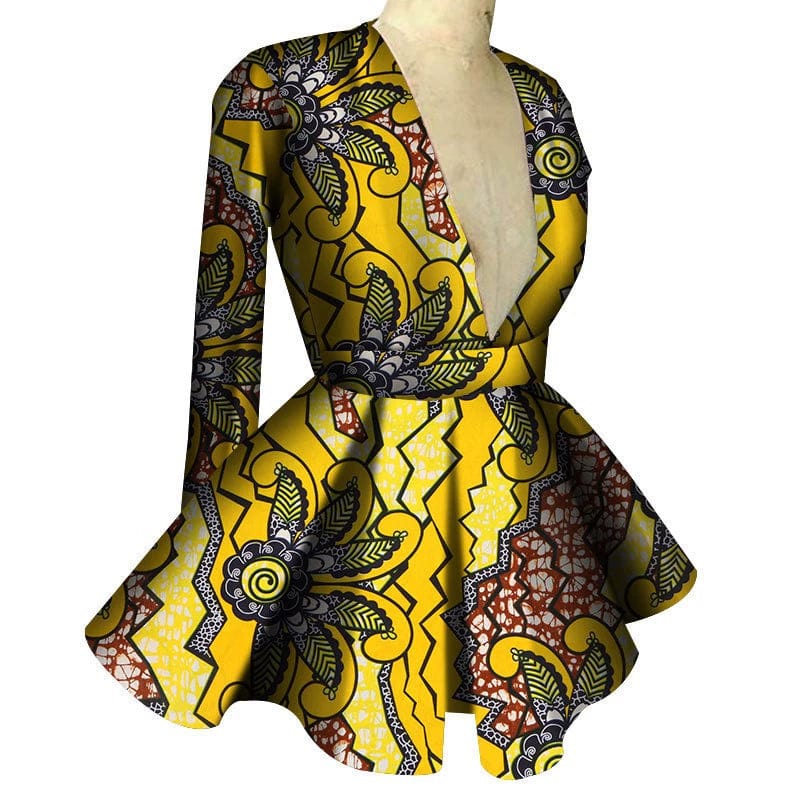 African print women's high waist V-neck long sleeve top by Showlu Fashion, featuring vibrant custom African patterns.
