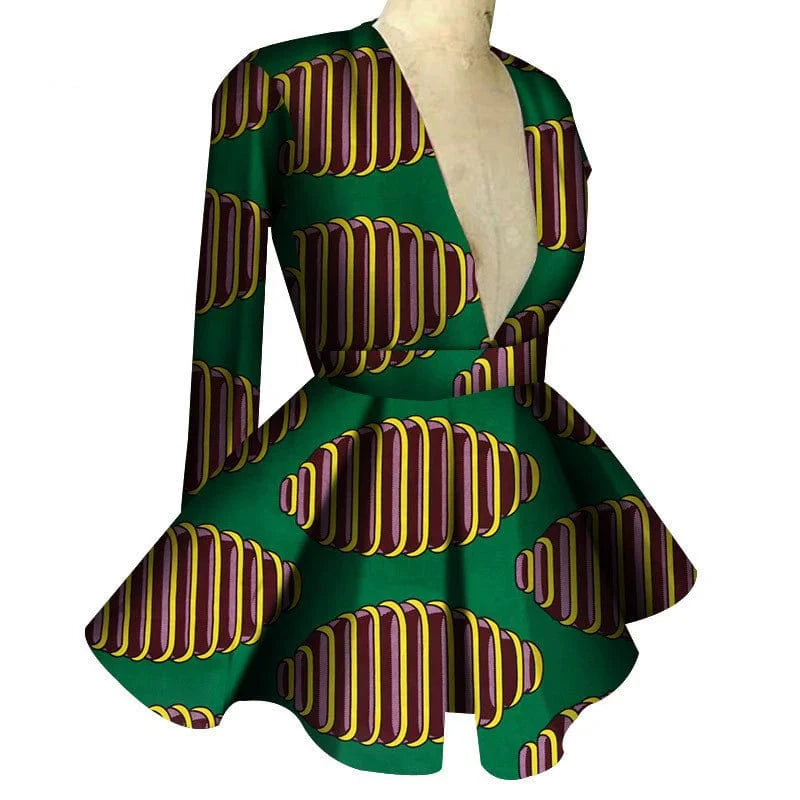 African print women's high waist V-neck long sleeve top by Showlu Fashion, featuring bold colorful patterns and fitted style.
