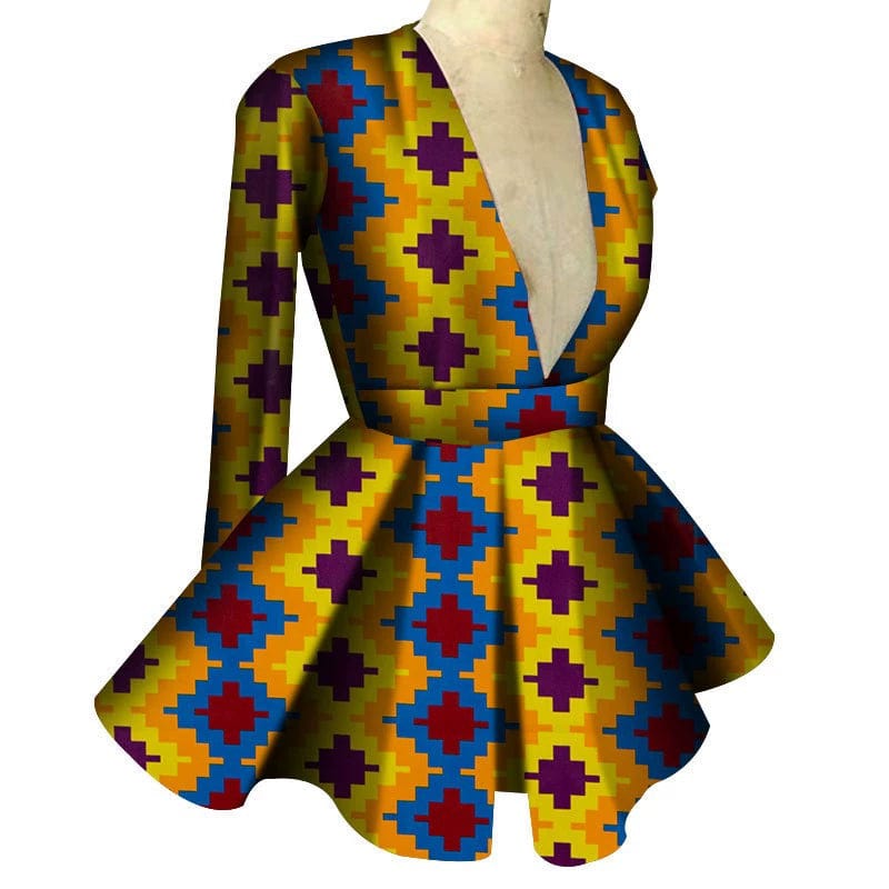 Customized African Printed Women's Clothing High Waist Long Sleeves Sexy V - neck Top African Ladies Tops - SHOWLU FASHION STORE