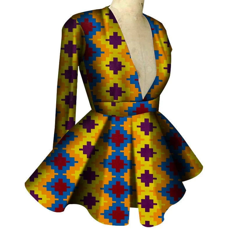 African print women's high waist V-neck long sleeve top by Showlu Fashion, featuring vibrant pattern and fitted style.