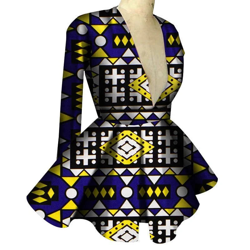 African print women's high waist V-neck long sleeve top by Showlu Fashion, featuring colorful traditional African patterns and fitted design.