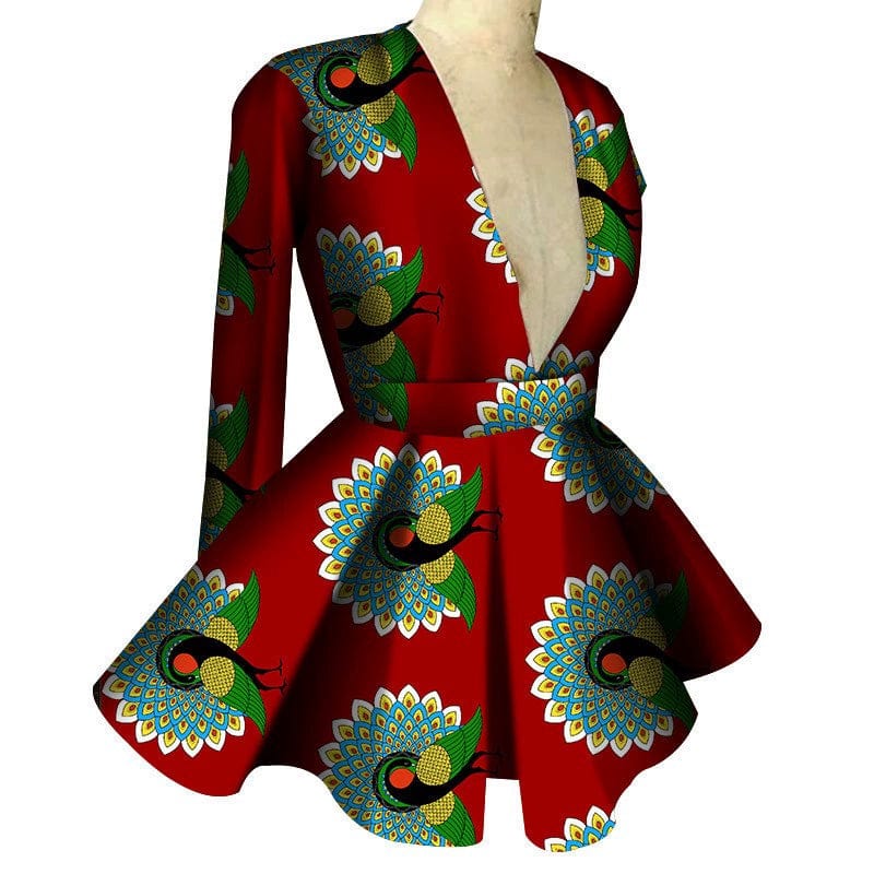 African print women's high waist V-neck long sleeve top by Showlu Fashion, featuring vibrant African-inspired patterns and tailored fit.